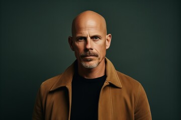 Obraz premium Portrait of a mature bald man in a brown jacket. Men's beauty, fashion.
