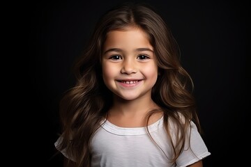 Portrait of a cute little girl smiling at the camera over black background