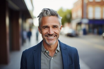 Portrait of handsome mature man with grey hair smiling in the city - obrazy, fototapety, plakaty