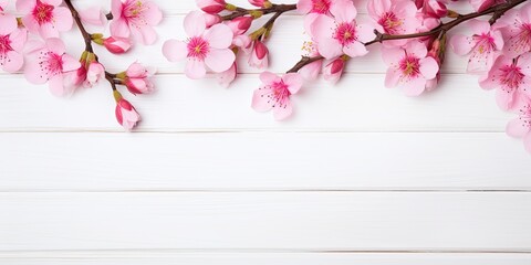 Pink flowers on white wooden background during spring. Top view with copy space.
