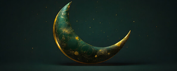Obraz na płótnie Canvas Golden Crescent Moon, an Arabic moon, Isolated on a dark green background, celebrating Ramadan