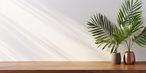 Teak wood table with palm leaves shadow on white wall. Backdrop, Products display, Beautiful wood grain, Summer, Natural.