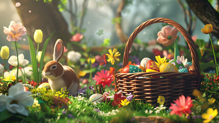 Happy Easter background with easter bunny, easter eggs, easter basket and flowers scene. AI Generated - obrazy, fototapety, plakaty