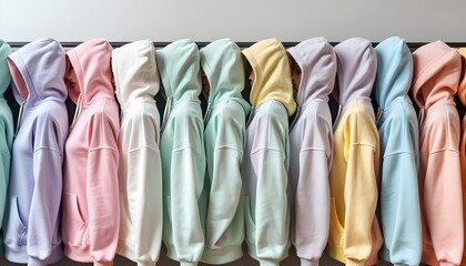 Several different colored hoodies are lined up on a table of pastel clothing