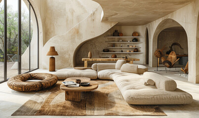 Fototapeta na wymiar Ethereal minimalism. An open plan room living room with fluid lines and curves