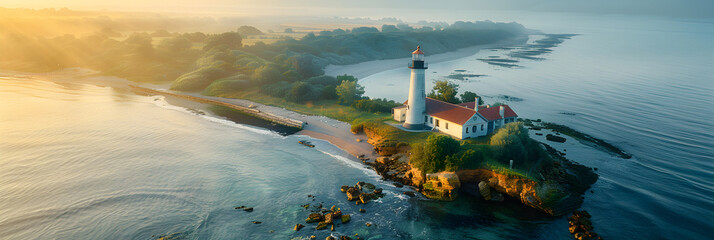 sunset over the river,
Aerial view of Nida lighthouse in early summer  Morning - obrazy, fototapety, plakaty