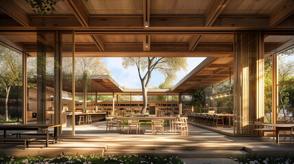 An open plan office filled with natural light featuring glass walls minimalist desks and an expansive open space fostering creativity