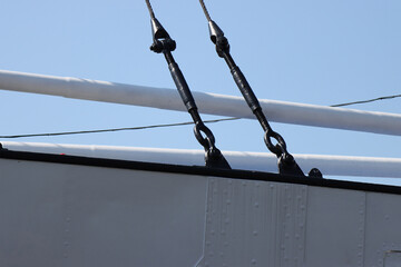 Metal cable fasteners on board the ship.