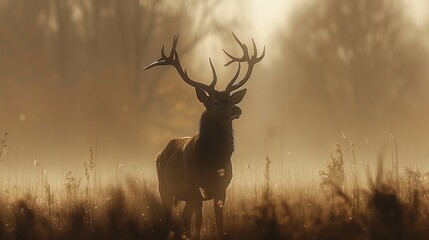 Red Deer Stag Silhouette in the Mist, GENERATIVE AI