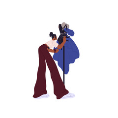 Professional designer creates trendy dress for fashion show. Talented seamstress, stylist works with mannequin. Needlework concept, handmade vogue clothes. Flat isolated vector illustration on white