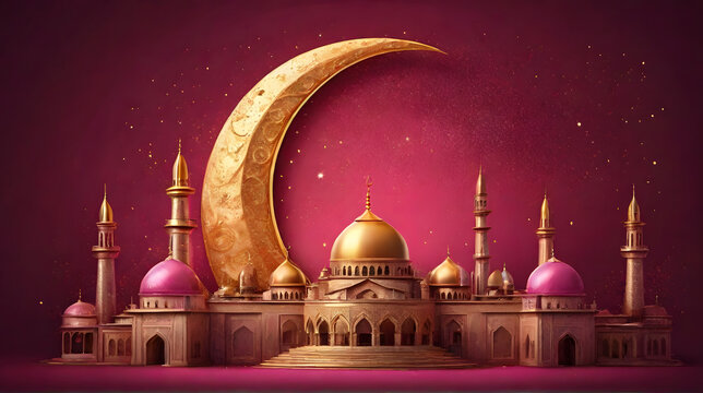 Golden Mosque, Arabic background, Celebrating Ramadan, Isolated on a dark pink background