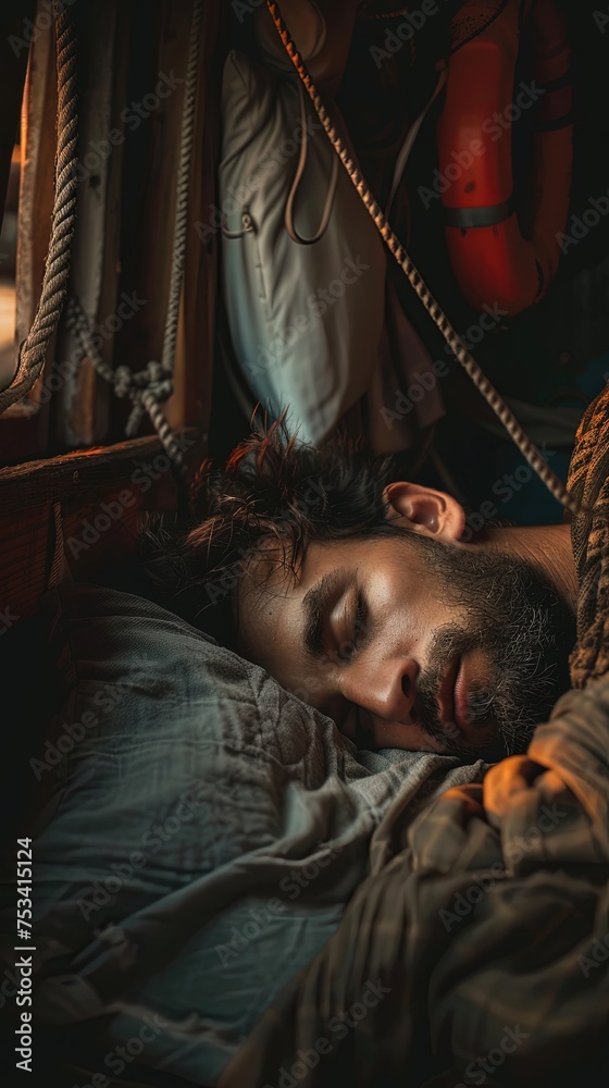 Wall mural jonah sleeping in the cabin of a ship. bible story.