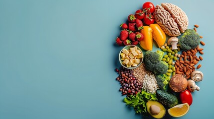 Healthy foods with a human brain model kept on a clean blue surface and top view and a big space for text or product, Generative AI.