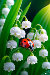 Spring macro of lily of the valley flowers and ladybug blossoms.