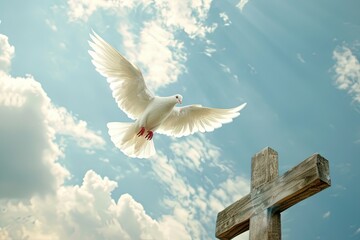 A dove flying over a christian cross.