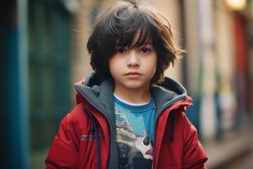 Portrait of a little boy in a red jacket on the street
