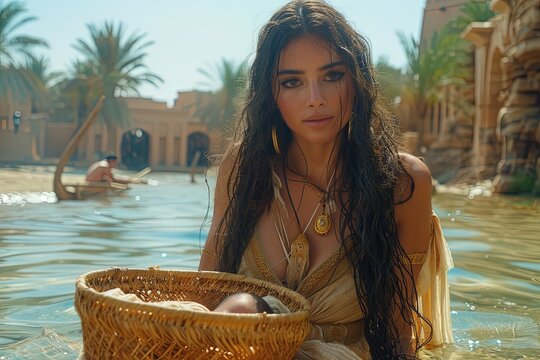 Pharaoh's daughter's handmaid brings out of the river straw basket with baby Moses, Bible story.