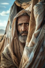 Abraham standing outside his tent, biblical character.