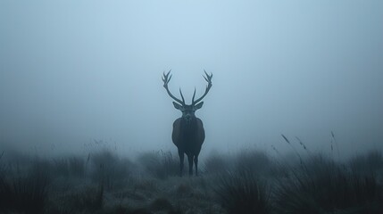 Red Deer Stag Silhouette in the Mist, GENERATIVE AI