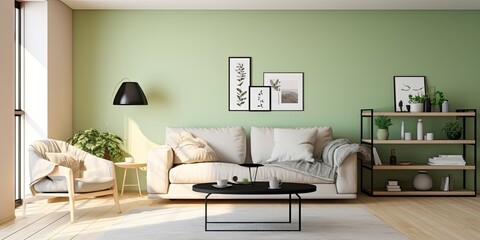 Modern apartment with cozy, stylish interior, featuring light beige furniture, black lamp and coffee tables, and beautiful pastel green walls filled with sun rays.