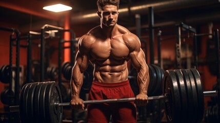 Fototapeta na wymiar A handsome strong Caucasian Male bodybuilder with pumped muscles, shoulders, biceps, triceps, Abs is training, preparing for competitions in the gym. Fitness, Sports, Healthy lifestyle concepts.