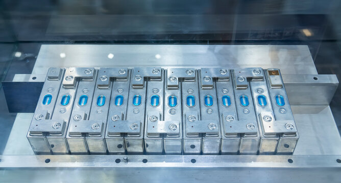 artificial intelligence machine at industrial manufacture factory of lithium battery,Lithium battery modules wait for laser welding on aluminum pallets.