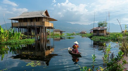 A tranquil lake in Asia, with a stilt house and rower.