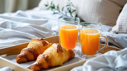 In the room above the bed, a breakfast platter with croissants and orange juice against a blurry backdrop, Generative AI. - obrazy, fototapety, plakaty