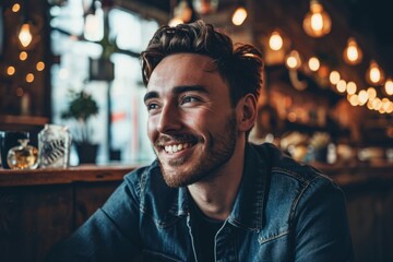 Portrait of handsome young man in jeans jacket sitting in a pub. - obrazy, fototapety, plakaty