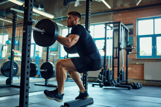 Male athlete doing barbel back squat exercise while working out at gym