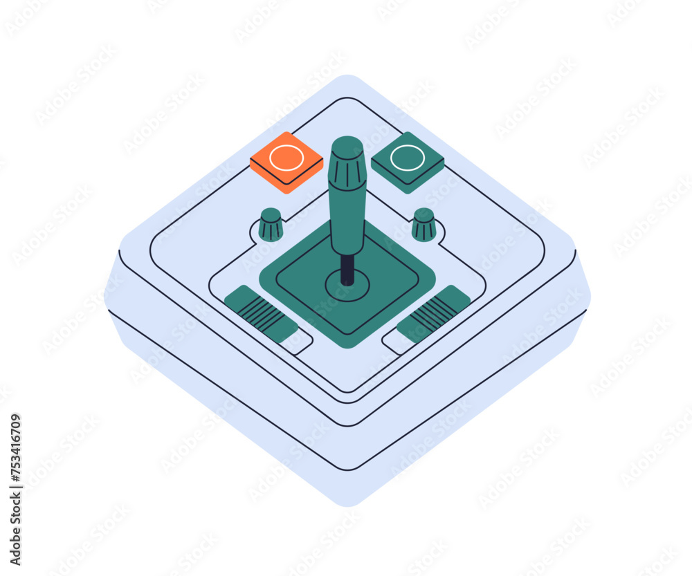 Poster Retro joystick. Vintage video game controller of 70s and 80s. Old nostalgic joy stick. Joypad, playing console. Videogame device, gadget. Flat vector illustration isolated on white background