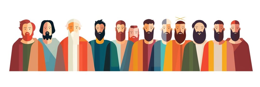 Illustration of 12 apostles on white background.