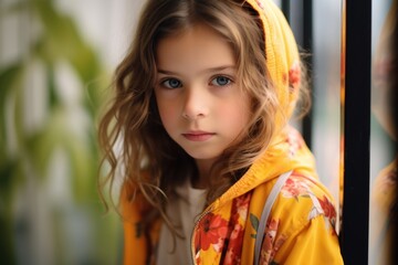 Portrait of a beautiful little girl in a yellow raincoat.