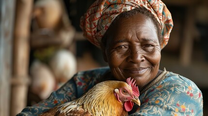 Joyful African American woman at farm clutching chicken while glancing towards camera against chicken in background, Generative AI. - obrazy, fototapety, plakaty