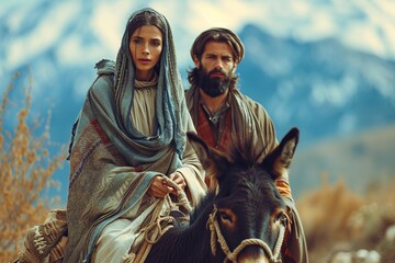 Pregnant Mary and Joseph is riding on a donkey, Bible story.