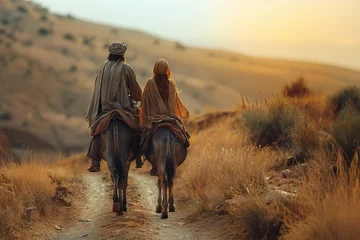 Selbstklebende Fototapeten Pregnant Mary and Joseph is riding on a donkey, Bible story. © Bargais