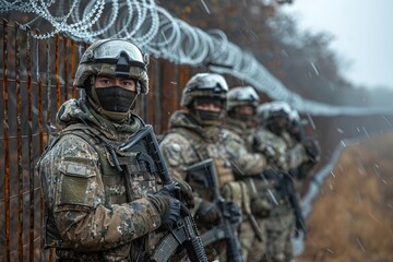 Border guards with weapons stand along the border with barbed wire.