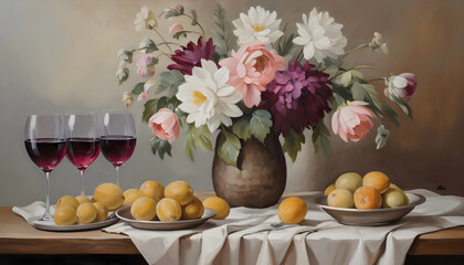 Arte digital estilo pintura al oleo  de bodegon con flores, copas de vino  y fruta. Pintura de flores, vino unas, naranjas. Naturaleza muerta