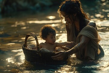 Pharaoh's daughter's handmaid brings out of the river straw basket with baby Moses, Bible story.