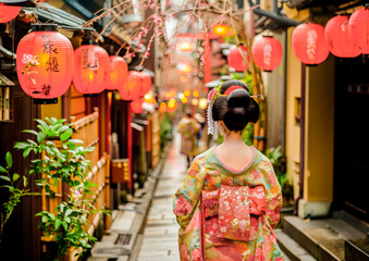 A woman in a colorful kimono walking down a traditional Japanese alley lined with red lanterns, capturing the essence of local culture. - Powered by Adobe