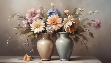 Arte digital estilo pintura al óleo de jarrones  con flores. Bodegón con flores en colores neutros y cálidos. Ilustración vintage. Naturaleza muerta