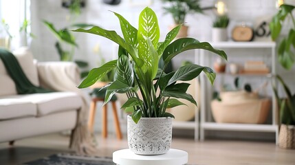 A vibrant green potted plant placed on a white pedestal, adding a touch of nature to the indoor space.
