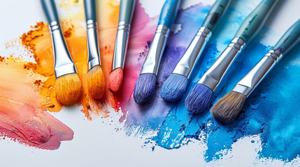 Fototapeta premium Group of Paint Brushes Lined Up against the background of streaks of paint