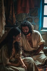 Obraz premium Strongest man Samson and Dedilah, biblical characters.