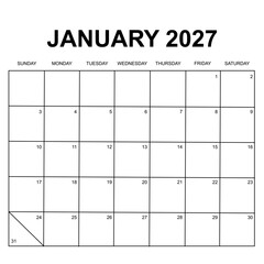 january 2027 calendar. week starts on sunday. printable, simple, and clean design. calendar vector design.