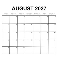 august 2027 calendar. week starts on sunday. printable, simple, and clean design. calendar vector design.