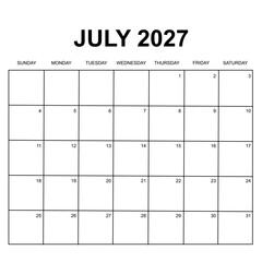 july 2027 calendar. week starts on sunday. printable, simple, and clean design. calendar vector design.