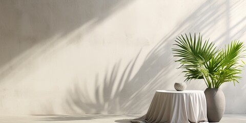 Minimal aesthetic with a neutral summer exterior scene for product mockup, featuring a white concrete table, organic curtain, plant shadow, and cement wall.
