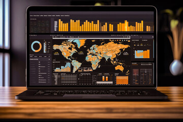 A laptop showing detailed analytics and world map visualizations, essential for business performance and market insights.