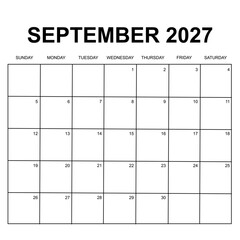 september 2027 calendar. week starts on sunday. printable, simple, and clean design. calendar vector design. - obrazy, fototapety, plakaty